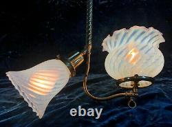 RESTORED Antique Victorian Ceiling Gas/Electric Pendant Light & Art Glass Shades