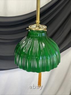 RESTORED Antique Vtg Victorian Art Deco Green Ribbed Glass Pendant Light 1910 20