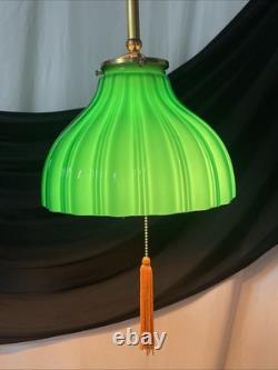 RESTORED Antique Vtg Victorian Art Deco Green Ribbed Glass Pendant Light 1910 20
