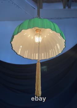 RESTORED Antique Vtg Victorian Art Deco Green Ribbed Glass Pendant Light 1910 20