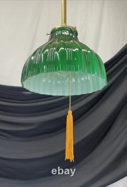RESTORED Antique Vtg Victorian Art Deco Green Ribbed Glass Pendant Light 1910 20