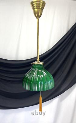 RESTORED Antique Vtg Victorian Art Deco Green Ribbed Glass Pendant Light 1910 20