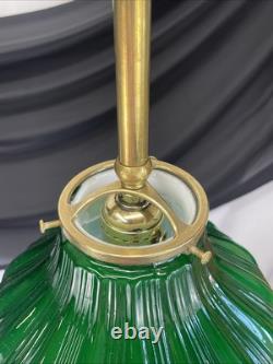 RESTORED Antique Vtg Victorian Art Deco Green Ribbed Glass Pendant Light 1910 20