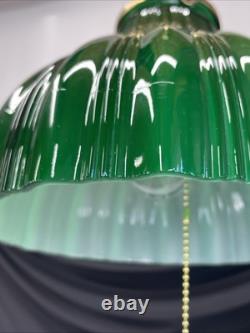 RESTORED Antique Vtg Victorian Art Deco Green Ribbed Glass Pendant Light 1910 20