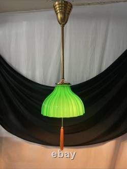 RESTORED Antique Vtg Victorian Art Deco Green Ribbed Glass Pendant Light 1910 20