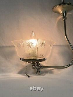 REWIRED Antique Victorian Art Deco Gasolier Chandelier Ceiling Light Glass Shade