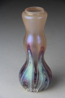 RINDSKOPF Bohemian Art Glass Iridescent Pulled Feather Vase 7.5 Tall