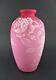 Roses & Bird Cased Pink Satin Art Glass White Enamel 9.5 Tall Antique Vase