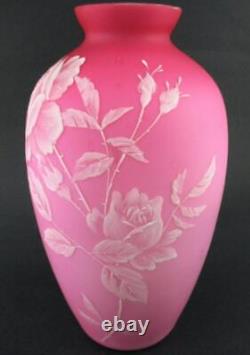 ROSES & BIRD Cased PINK satin art glass WHITE Enamel 9.5 tall antique VASE