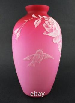 ROSES & BIRD Cased PINK satin art glass WHITE Enamel 9.5 tall antique VASE