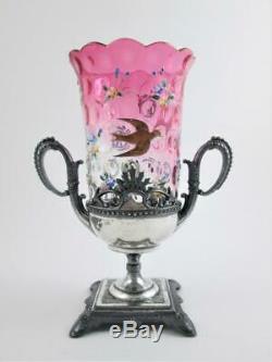 RUBINA art glass CELERY VASE 3 Enamel BIRDS James W. TUFTS Quadruple Silver