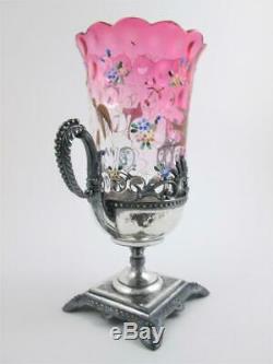 RUBINA art glass CELERY VASE 3 Enamel BIRDS James W. TUFTS Quadruple Silver