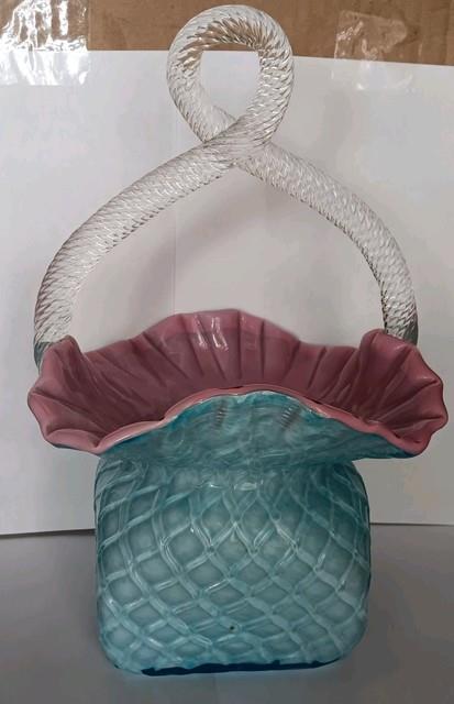 Rare 1800s Cut Velet Glass Basket Brides Quiled Diamond Twisted Handle Victorian