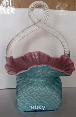 Rare 1800s Cut Velet Glass Basket Brides Quiled Diamond Twisted Handle Victorian Rare 1800s Cut Velet Glass Basket Brides Quiled Diamond Twisted Handle Victorian