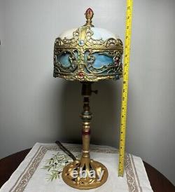 Rare 21 Antique Polychrome Lamp Slag Glass Shade Boudoir Art Nouveau Victorian