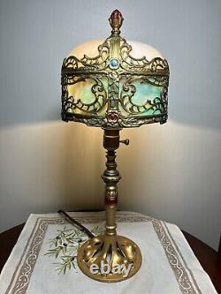 Rare 21 Antique Polychrome Lamp Slag Glass Shade Boudoir Art Nouveau Victorian