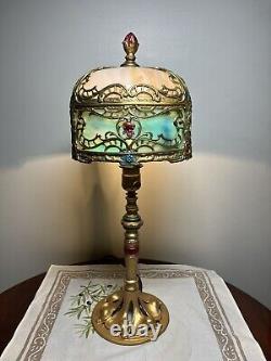 Rare 21 Antique Polychrome Lamp Slag Glass Shade Boudoir Art Nouveau Victorian