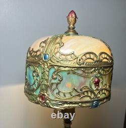 Rare 21 Antique Polychrome Lamp Slag Glass Shade Boudoir Art Nouveau Victorian