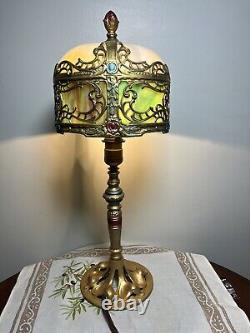 Rare 21 Antique Polychrome Lamp Slag Glass Shade Boudoir Art Nouveau Victorian