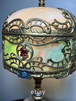 Rare 21 Antique Polychrome Lamp Slag Glass Shade Boudoir Art Nouveau Victorian