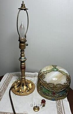 Rare 21 Antique Polychrome Lamp Slag Glass Shade Boudoir Art Nouveau Victorian