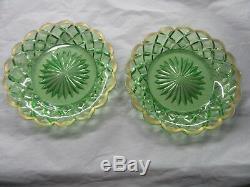 Rare Antique Baccarat Victorian Plates 6 Green & Gold Vaseline Glass Signed