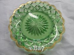 Rare Antique Baccarat Victorian Plates 6 Green & Gold Vaseline Glass Signed