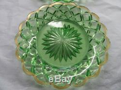 Rare Antique Baccarat Victorian Plates 6 Green & Gold Vaseline Glass Signed