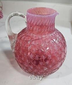 Rare Antique CRANBERRY OPALESCENT CRACKLE Glass Pitcher