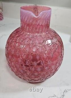 Rare Antique CRANBERRY OPALESCENT CRACKLE Glass Pitcher