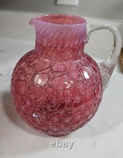 Rare Antique CRANBERRY OPALESCENT CRACKLE Glass Pitcher