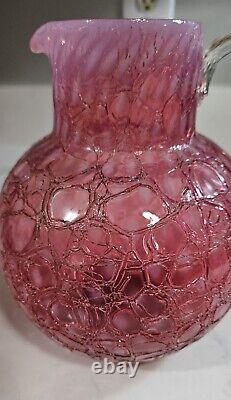 Rare Antique CRANBERRY OPALESCENT CRACKLE Glass Pitcher