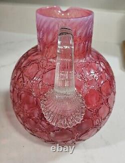 Rare Antique CRANBERRY OPALESCENT CRACKLE Glass Pitcher