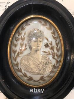 Rare Antique French Mourning Hair Art Domed Glass Wooden Frame Woman c1880