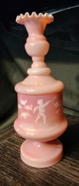 Rare Antique Hosch Hand Blown White Enameled Cased 2 Piece Pink Vase 1906-1914