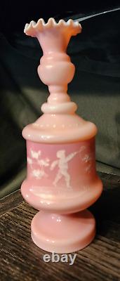 Rare Antique HOSCH Hand Blown White Enameled Cased 2 Piece Pink Vase 1906-1914