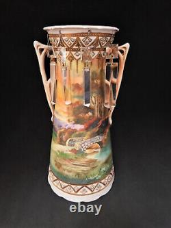 Rare Antique Victorian Amphora Tall Vase Hand Painted Scene Glass Lustres h31cm