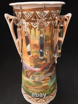 Rare Antique Victorian Amphora Tall Vase Hand Painted Scene Glass Lustres h31cm