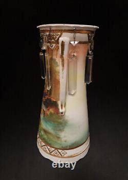 Rare Antique Victorian Amphora Tall Vase Hand Painted Scene Glass Lustres h31cm