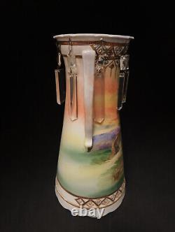 Rare Antique Victorian Amphora Tall Vase Hand Painted Scene Glass Lustres h31cm