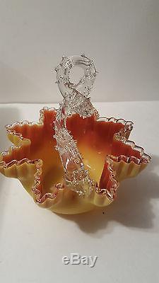 Rare Antique Victorian Cased Yellow Orange Art Glass Twisted Thorn Handle Basket