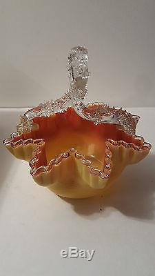 Rare Antique Victorian Cased Yellow Orange Art Glass Twisted Thorn Handle Basket