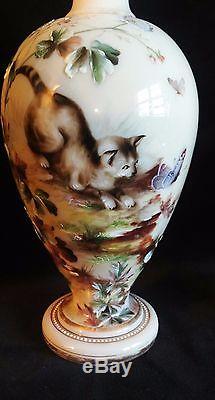 Rare Baccarat Pair Of Opaline Glass Cat Vase Bohemian Art French Flowers