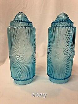 Rare Blue Glass Cylinder Lamp Shade Sconce Art Deco Victorian Pair 9