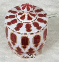 Rare Czech White Cut to Cranberry Bohemian Cased Overlay Glass Punch Barrel Set