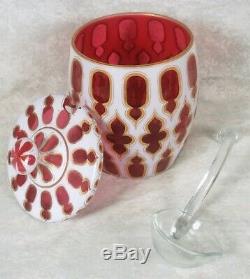 Rare Czech White Cut to Cranberry Bohemian Cased Overlay Glass Punch Barrel Set