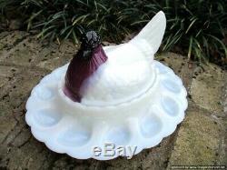 Rare Fenton Glass Amethyst Milk Glass Chicken Hen Server Dish Egg Plate