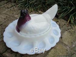 Rare Fenton Glass Amethyst Milk Glass Chicken Hen Server Dish Egg Plate