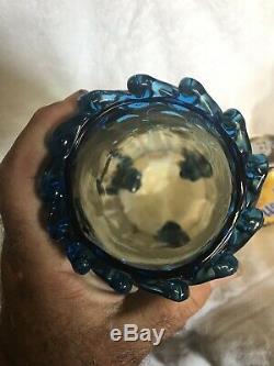 Rare Huge Victorian Art Glass Blue Rigaree on Amber Vase Harrach
