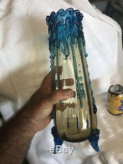 Rare Huge Victorian Art Glass Blue Rigaree on Amber Vase Harrach
